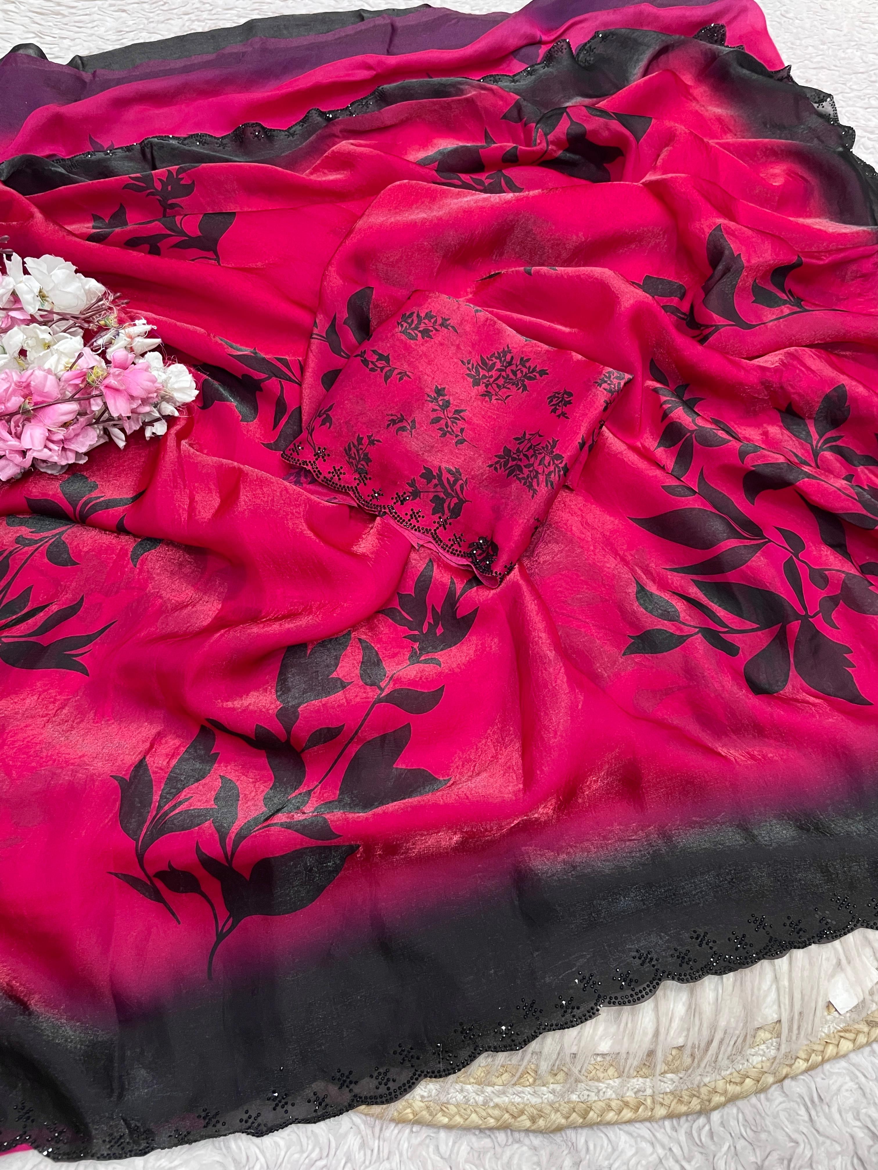 Crimson Vine Space Silk Digital Botanical Jarkan Work Saree